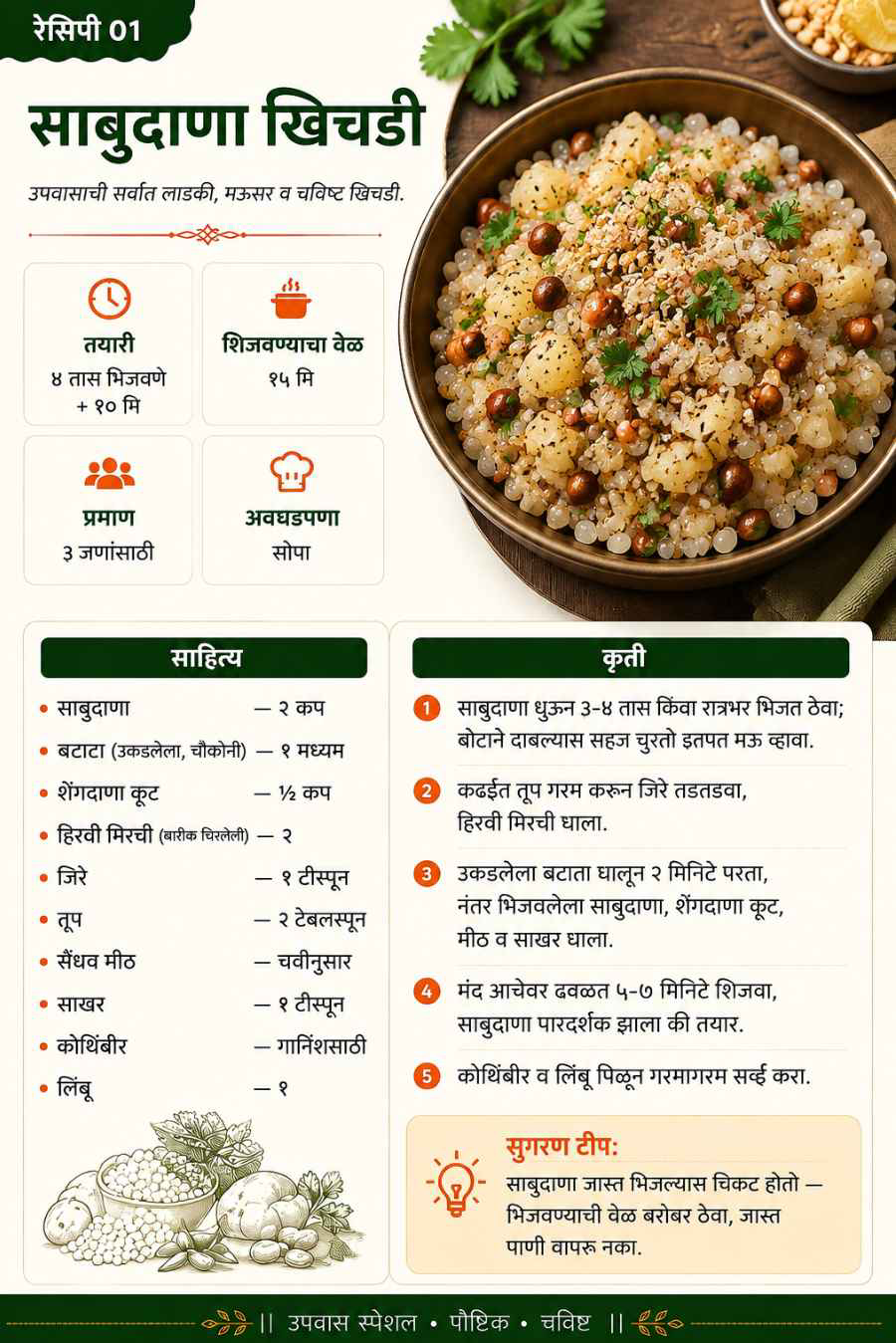 साबुदाणा खिचडी रेसिपी पानाचा नमुना
